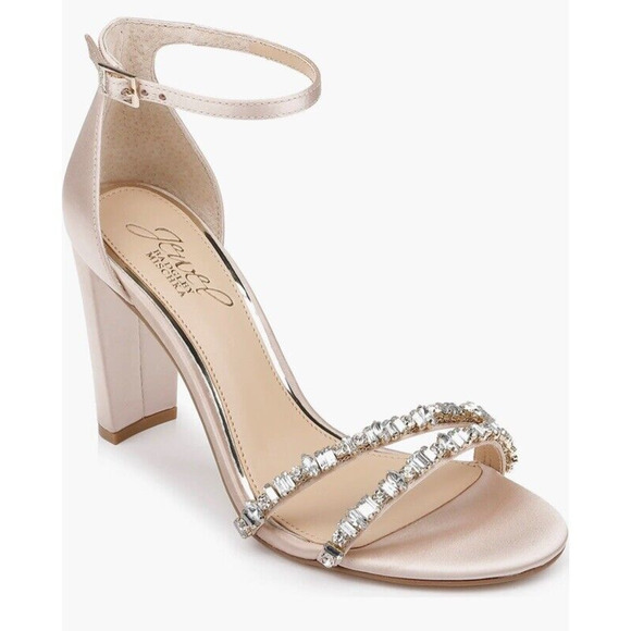 JEWEL BADGLEY MISCHKA Alia Evening Sandals Size 9 Champaign Satin Jeweled NWOB‎ - Picture 1 of 10